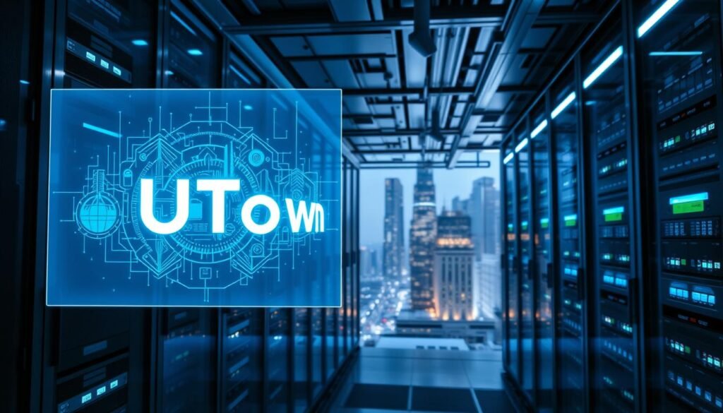 A high-tech, futuristic data center with sleek glass and steel architecture, bathed in cool blue lighting. In the foreground, a holographic display showcases the UTown logo and intricate data visualization elements, representing the robust privacy protection and encryption technologies. The middle ground features rows of secured server racks, with glowing indicator panels and a subtle hum of activity. The background depicts a cityscape of gleaming skyscrapers, hinting at the scale and importance of UTown's operations. The overall mood is one of advanced, cutting-edge technology dedicated to safeguarding user privacy. A high-tech, futuristic data center with sleek glass and steel architecture, bathed in cool blue lighting. In the foreground, a holographic display showcases the UTown logo and intricate data visualization elements, representing the robust privacy protection and encryption technologies. The middle ground features rows of secured server racks, with glowing indicator panels and a subtle hum of activity. The background depicts a cityscape of gleaming skyscrapers, hinting at the scale and importance of UTown's operations. The overall mood is one of advanced, cutting-edge technology dedicated to safeguarding user privacy.