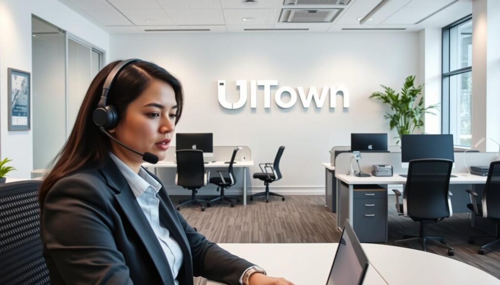 A modern office space with sleek, minimalist furniture and decor. In the foreground, a professional customer service agent wearing a headset and smart casual attire is seated at a desk, ready to assist customers. The agent's face is partially obscured, conveying a sense of attentiveness and focus. The middle ground features several additional customer service workstations, each with a computer and desk accessories. The background showcases the UTown logo prominently displayed on the wall, along with a large window that floods the space with natural light, creating a bright and welcoming atmosphere. The overall scene conveys a sense of efficiency, responsiveness, and a commitment to customer satisfaction. A modern office space with sleek, minimalist furniture and decor. In the foreground, a professional customer service agent wearing a headset and smart casual attire is seated at a desk, ready to assist customers. The agent's face is partially obscured, conveying a sense of attentiveness and focus. The middle ground features several additional customer service workstations, each with a computer and desk accessories. The background showcases the UTown logo prominently displayed on the wall, along with a large window that floods the space with natural light, creating a bright and welcoming atmosphere. The overall scene conveys a sense of efficiency, responsiveness, and a commitment to customer satisfaction.
