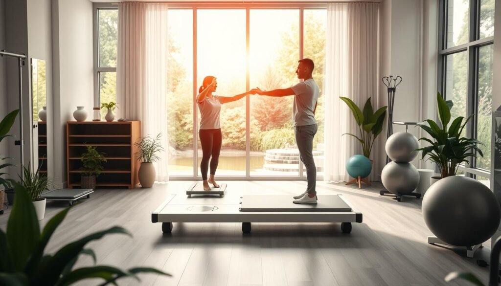 A bright and airy physical therapy clinic, with a large window overlooking a serene garden. In the foreground, a patient is undergoing balance exercises on a specialized platform, guided by a physiotherapist. The middle ground features various rehabilitation equipment, including balance boards, exercise balls, and resistance bands. The background showcases calming nature imagery, such as lush plants and a tranquil pond, creating a soothing and therapeutic atmosphere. Soft, natural lighting filters through the window, casting a warm glow on the scene. The overall composition emphasizes the integration of modern medical techniques and a holistic, nature-inspired approach to addressing inner ear imbalance and related conditions. A bright and airy physical therapy clinic, with a large window overlooking a serene garden. In the foreground, a patient is undergoing balance exercises on a specialized platform, guided by a physiotherapist. The middle ground features various rehabilitation equipment, including balance boards, exercise balls, and resistance bands. The background showcases calming nature imagery, such as lush plants and a tranquil pond, creating a soothing and therapeutic atmosphere. Soft, natural lighting filters through the window, casting a warm glow on the scene. The overall composition emphasizes the integration of modern medical techniques and a holistic, nature-inspired approach to addressing inner ear imbalance and related conditions.