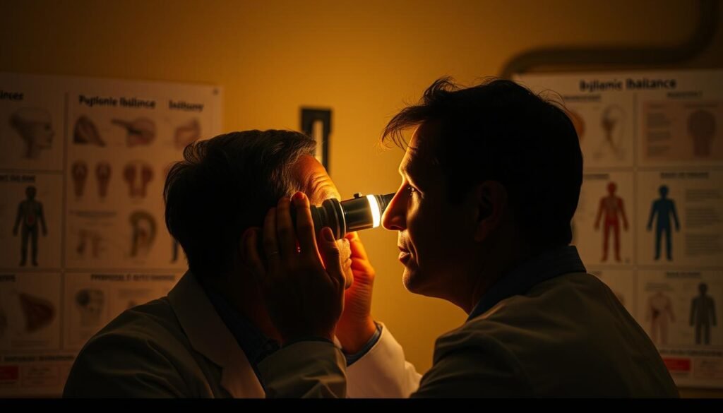 A dimly lit examination room with a medical professional attentively examining the ear of a patient. The patient's expression is one of concern, as the doctor scrutinizes the inner workings of the ear using a specialized otoscope. The lighting is warm and focused, casting subtle shadows that highlight the intricate structures of the ear canal. In the background, a medical chart or display showcases various illustrations and information related to ear anatomy and potential imbalance issues. The scene conveys a sense of medical expertise, diagnostic focus, and the patient's hope for a resolution to their ear-related concern. A dimly lit examination room with a medical professional attentively examining the ear of a patient. The patient's expression is one of concern, as the doctor scrutinizes the inner workings of the ear using a specialized otoscope. The lighting is warm and focused, casting subtle shadows that highlight the intricate structures of the ear canal. In the background, a medical chart or display showcases various illustrations and information related to ear anatomy and potential imbalance issues. The scene conveys a sense of medical expertise, diagnostic focus, and the patient's hope for a resolution to their ear-related concern.