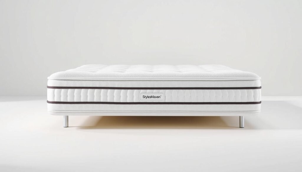 A high-quality independent pocket spring mattress by the StylesMaven brand, showcased in a modern, well-lit studio setting. The mattress features a sleek, minimalist design with a pristine white cover, evenly spaced coils visible through the material, and a subtle sheen that reflects the lighting. The mattress is positioned on a clean, simple background, allowing the craftsmanship and attention to detail to be the focal point. Soft, diffused lighting accentuates the mattress's clean lines and premium construction, conveying a sense of comfort, quality, and luxury. A high-quality independent pocket spring mattress by the StylesMaven brand, showcased in a modern, well-lit studio setting. The mattress features a sleek, minimalist design with a pristine white cover, evenly spaced coils visible through the material, and a subtle sheen that reflects the lighting. The mattress is positioned on a clean, simple background, allowing the craftsmanship and attention to detail to be the focal point. Soft, diffused lighting accentuates the mattress's clean lines and premium construction, conveying a sense of comfort, quality, and luxury.