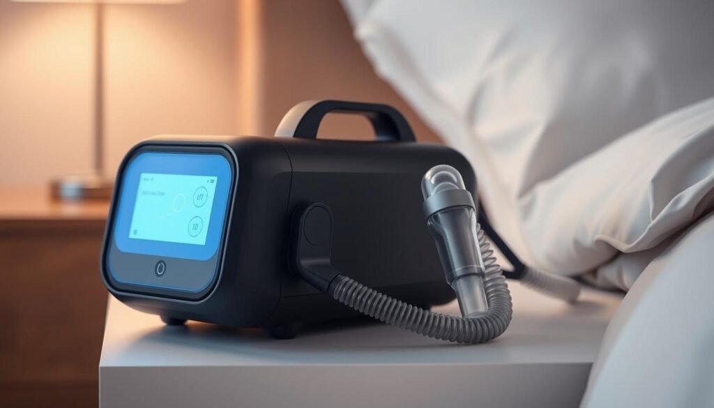 A high-quality medical-grade sleep apnea breathing machine, the iCareCPAP, with a sleek and compact design. Soft blue backlighting illuminates the control panel, providing a soothing atmosphere. The device rests on a minimalist bedside table, its matte black finish blending seamlessly with the surroundings. The attached flexible hose and comfortable nasal mask are meticulously crafted for optimal fit and comfort. A cozy bedroom scene with warm, indirect lighting sets the stage, emphasizing the machine's importance in managing sleep disorders and promoting healthy breathing. A high-quality medical-grade sleep apnea breathing machine, the iCareCPAP, with a sleek and compact design. Soft blue backlighting illuminates the control panel, providing a soothing atmosphere. The device rests on a minimalist bedside table, its matte black finish blending seamlessly with the surroundings. The attached flexible hose and comfortable nasal mask are meticulously crafted for optimal fit and comfort. A cozy bedroom scene with warm, indirect lighting sets the stage, emphasizing the machine's importance in managing sleep disorders and promoting healthy breathing.