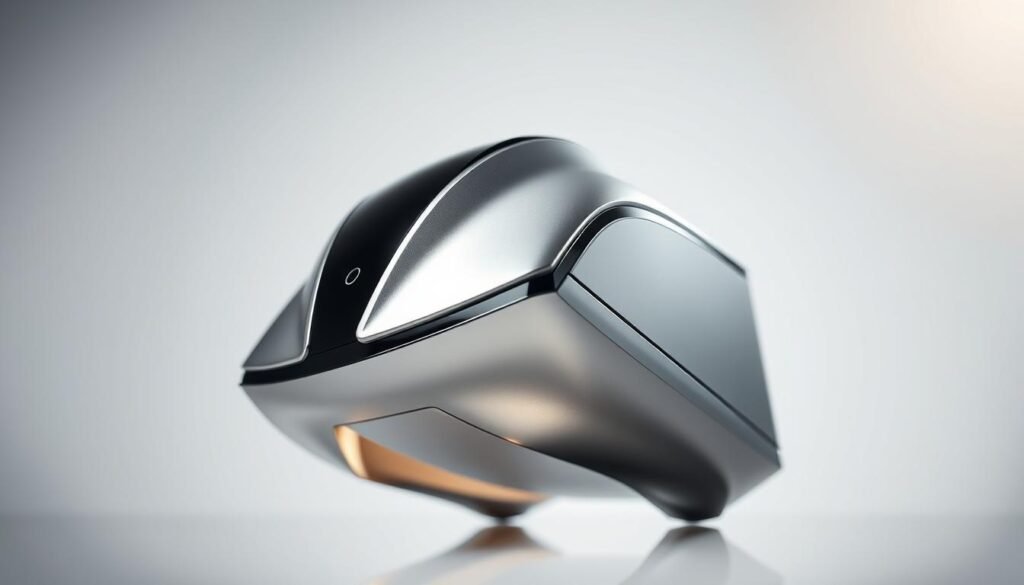 A high-resolution close-up of the Glowin' Beaute "Oligio X" device, prominently displaying its sleek, modern design with a metallic silver and black color scheme. The device is shown in a softly-lit studio setting, with dramatic lighting accentuating its polished, angular surfaces and intricate details. The background is a clean, minimalist backdrop that allows the device to be the focal point. The image conveys a sense of advanced technology, precision engineering, and premium quality, effectively showcasing the unique features and capabilities of the "Oligio X" radio frequency skincare technology. A high-resolution close-up of the Glowin' Beaute "Oligio X" device, prominently displaying its sleek, modern design with a metallic silver and black color scheme. The device is shown in a softly-lit studio setting, with dramatic lighting accentuating its polished, angular surfaces and intricate details. The background is a clean, minimalist backdrop that allows the device to be the focal point. The image conveys a sense of advanced technology, precision engineering, and premium quality, effectively showcasing the unique features and capabilities of the "Oligio X" radio frequency skincare technology.