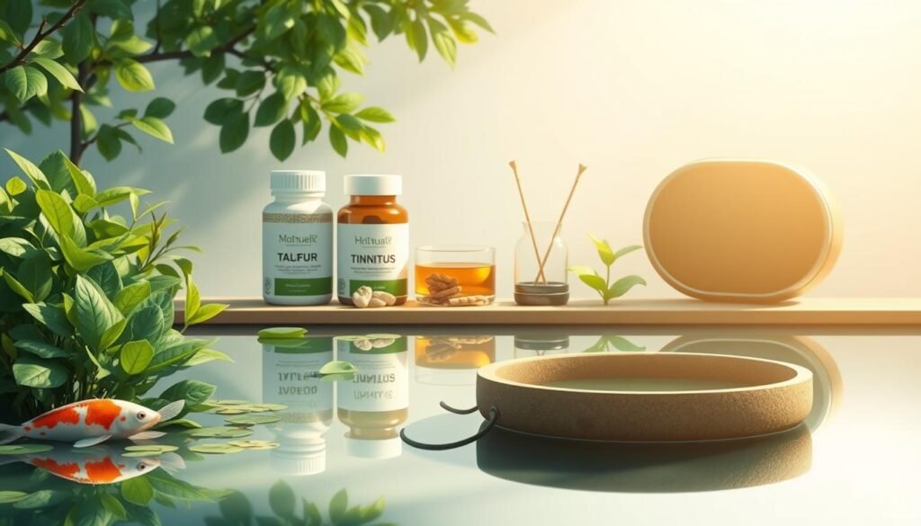 A serene and minimalist illustration depicting various traditional and modern remedies for tinnitus. In the foreground, a tranquil koi pond surrounded by lush greenery, symbolizing the calming effects of traditional Chinese medicine. In the middle ground, herbal supplements and acupuncture needles, representing holistic approaches. In the background, a sleek, modern sound therapy device, showcasing technological solutions. Soft, natural lighting casts a soothing glow, creating an atmosphere of balance and harmony. The composition emphasizes the harmony of Eastern and Western methods in addressing the common issue of tinnitus. A serene and minimalist illustration depicting various traditional and modern remedies for tinnitus. In the foreground, a tranquil koi pond surrounded by lush greenery, symbolizing the calming effects of traditional Chinese medicine. In the middle ground, herbal supplements and acupuncture needles, representing holistic approaches. In the background, a sleek, modern sound therapy device, showcasing technological solutions. Soft, natural lighting casts a soothing glow, creating an atmosphere of balance and harmony. The composition emphasizes the harmony of Eastern and Western methods in addressing the common issue of tinnitus.