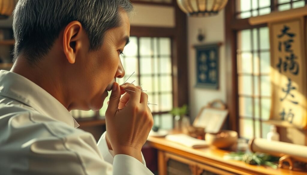 A tranquil traditional Chinese medicine clinic, with a skilled acupuncturist preparing to treat a patient's ear. The room is bathed in warm, natural lighting, creating a soothing atmosphere. Intricate acupuncture needles are carefully positioned around the patient's ear, aimed at restoring balance and harmony. In the background, herbs and ancient medical scrolls hint at the rich heritage of this holistic approach to addressing inner ear imbalances. The scene conveys a sense of expertise, care, and the promise of a natural, time-honored solution to the patient's condition. A tranquil traditional Chinese medicine clinic, with a skilled acupuncturist preparing to treat a patient's ear. The room is bathed in warm, natural lighting, creating a soothing atmosphere. Intricate acupuncture needles are carefully positioned around the patient's ear, aimed at restoring balance and harmony. In the background, herbs and ancient medical scrolls hint at the rich heritage of this holistic approach to addressing inner ear imbalances. The scene conveys a sense of expertise, care, and the promise of a natural, time-honored solution to the patient's condition.