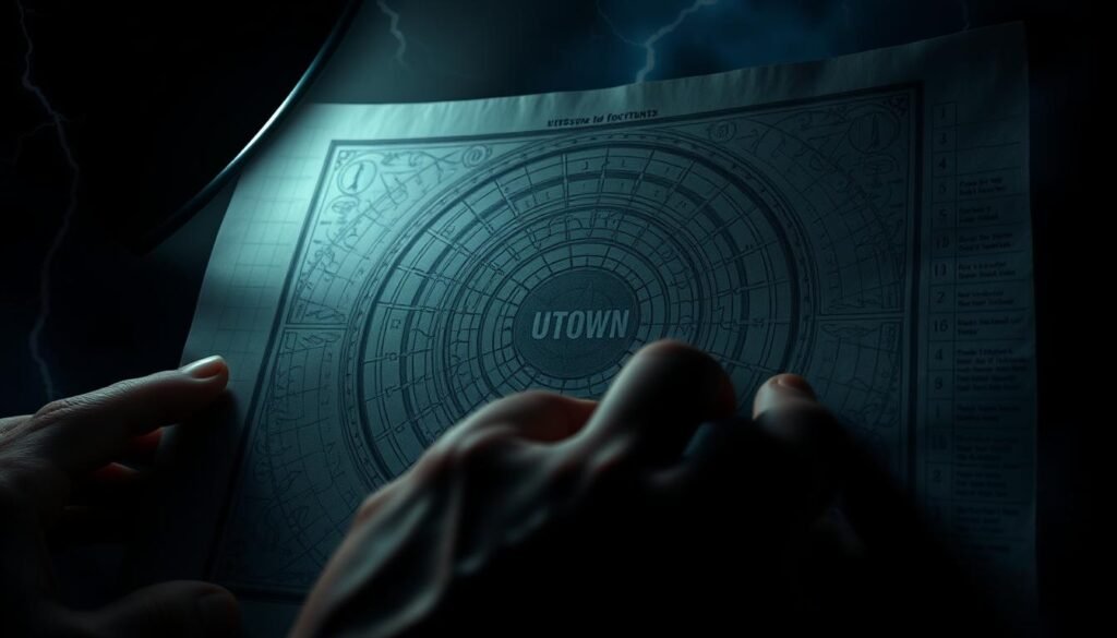 A dramatic close-up shot of a hand deciphering a complex diagram of lightning bolt symbols against a dark, stormy background. The diagram is illuminated by an ominous, flickering light, casting dramatic shadows. The scene conveys a sense of intense concentration and the gravity of uncovering the secrets hidden within the "UTown" lightning signal. The overall atmosphere is one of mystery, tension, and the pursuit of esoteric knowledge. A dramatic close-up shot of a hand deciphering a complex diagram of lightning bolt symbols against a dark, stormy background. The diagram is illuminated by an ominous, flickering light, casting dramatic shadows. The scene conveys a sense of intense concentration and the gravity of uncovering the secrets hidden within the "UTown" lightning signal. The overall atmosphere is one of mystery, tension, and the pursuit of esoteric knowledge.