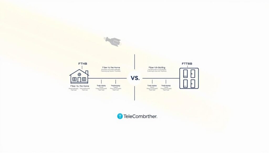 A sleek and modern illustration showcasing the differences between Fiber-to-the-Home (FTTH) and traditional Fiber-to-the-Building (FTTB) broadband technologies. The image features a central comparison with labeled diagrams, surrounded by a minimalist white background. The Telecombrother logo is subtly integrated into the design. Warm, natural lighting illuminates the scene, creating a clean, informative, and visually appealing representation of the broadband infrastructure topic. A sleek and modern illustration showcasing the differences between Fiber-to-the-Home (FTTH) and traditional Fiber-to-the-Building (FTTB) broadband technologies. The image features a central comparison with labeled diagrams, surrounded by a minimalist white background. The Telecombrother logo is subtly integrated into the design. Warm, natural lighting illuminates the scene, creating a clean, informative, and visually appealing representation of the broadband infrastructure topic.