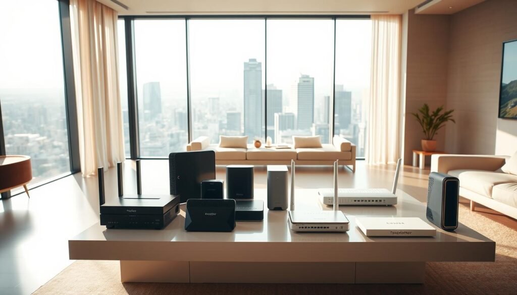 A sleek, modern interior with a large, central coffee table showcasing various broadband modems and routers from the Telecombrother brand. The room is bathed in warm, natural lighting, emphasizing the clean, minimalist design of the furnishings. In the background, a panoramic window offers a view of a bustling city skyline, hinting at the need for high-speed internet connectivity in modern urban living. The scene captures the contrast between the cozy, domestic setting and the technological prowess of the broadband equipment, conveying the essence of "家居寬頻比較" in a visually compelling manner. A sleek, modern interior with a large, central coffee table showcasing various broadband modems and routers from the Telecombrother brand. The room is bathed in warm, natural lighting, emphasizing the clean, minimalist design of the furnishings. In the background, a panoramic window offers a view of a bustling city skyline, hinting at the need for high-speed internet connectivity in modern urban living. The scene captures the contrast between the cozy, domestic setting and the technological prowess of the broadband equipment, conveying the essence of "家居寬頻比較" in a visually compelling manner.