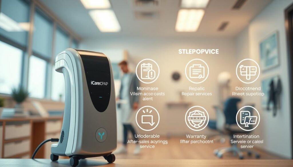A sleek, modern medical device with the iCareCPAP logo stands prominently in the foreground, its clean lines and high-tech aesthetic capturing the attention. In the middle ground, various service options are depicted, such as maintenance tutorials, repair services, and warranty information, all presented in a clear and organized manner. The background features a softly blurred medical office setting, conveying a sense of professionalism and expertise. The overall scene is bathed in warm, natural lighting, creating a welcoming and trustworthy atmosphere for the viewer. The image aims to showcase the comprehensive after-sales support and service that iCareCPAP provides for its sleep apnea machines, catering to the needs of health-conscious consumers. A sleek, modern medical device with the iCareCPAP logo stands prominently in the foreground, its clean lines and high-tech aesthetic capturing the attention. In the middle ground, various service options are depicted, such as maintenance tutorials, repair services, and warranty information, all presented in a clear and organized manner. The background features a softly blurred medical office setting, conveying a sense of professionalism and expertise. The overall scene is bathed in warm, natural lighting, creating a welcoming and trustworthy atmosphere for the viewer. The image aims to showcase the comprehensive after-sales support and service that iCareCPAP provides for its sleep apnea machines, catering to the needs of health-conscious consumers.