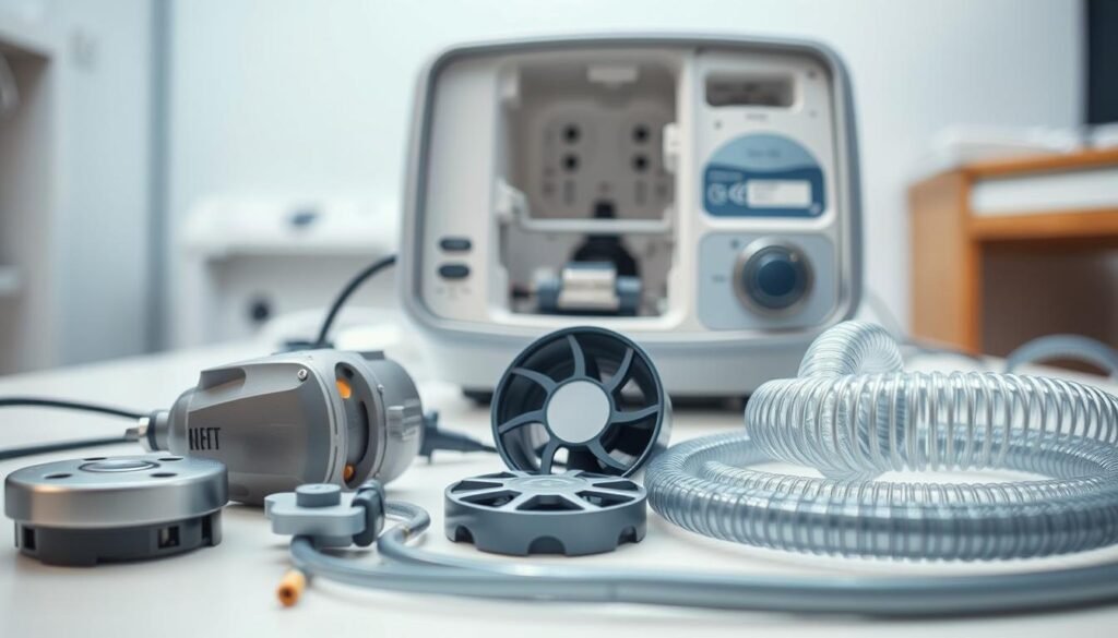 A well-lit, detailed close-up of an iCareCPAP sleep apnea machine's internal components, including the motor, fan, and tubing. The foreground features the disassembled parts laid out neatly, showcasing their intricate mechanical design. The middle ground depicts the machine's open casing, revealing its inner workings. The background is a clean, clinical environment, emphasizing the precision and care required for maintaining and replacing these essential respiratory device components. The overall mood is one of technical expertise and attention to detail, supporting the article's focus on sleep apnea machine maintenance and part replacement. A well-lit, detailed close-up of an iCareCPAP sleep apnea machine's internal components, including the motor, fan, and tubing. The foreground features the disassembled parts laid out neatly, showcasing their intricate mechanical design. The middle ground depicts the machine's open casing, revealing its inner workings. The background is a clean, clinical environment, emphasizing the precision and care required for maintaining and replacing these essential respiratory device components. The overall mood is one of technical expertise and attention to detail, supporting the article's focus on sleep apnea machine maintenance and part replacement.