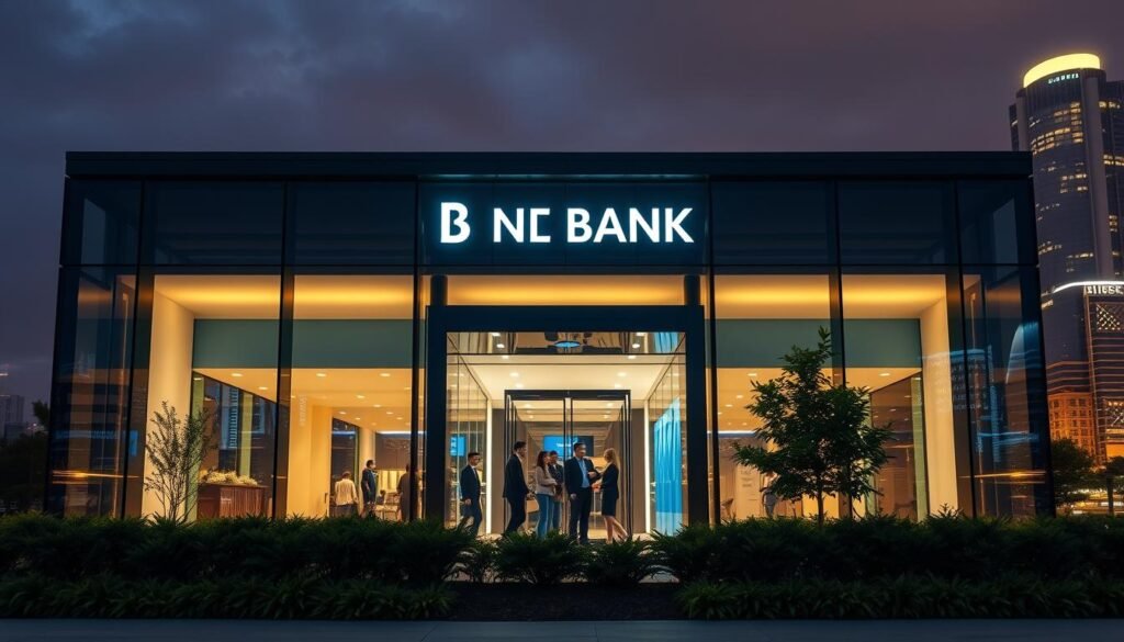 A sleek, modern bank exterior with a minimalist design. The building is made of glass and steel, giving it a clean, sophisticated look. The façade is illuminated by warm, diffused lighting, creating a welcoming atmosphere. In the foreground, a group of people are entering the bank, their expressions conveying a sense of confidence and trust. The middle ground features a well-manicured landscape with lush greenery, adding to the tranquil ambiance. The background showcases a bustling city skyline, hinting at the bank's central location and accessibility. The overall scene exudes a sense of professionalism, innovation, and customer-centric service, reflecting the defining characteristics of a bank that does not consider credit inquiries when evaluating loan applications. A sleek, modern bank exterior with a minimalist design. The building is made of glass and steel, giving it a clean, sophisticated look. The façade is illuminated by warm, diffused lighting, creating a welcoming atmosphere. In the foreground, a group of people are entering the bank, their expressions conveying a sense of confidence and trust. The middle ground features a well-manicured landscape with lush greenery, adding to the tranquil ambiance. The background showcases a bustling city skyline, hinting at the bank's central location and accessibility. The overall scene exudes a sense of professionalism, innovation, and customer-centric service, reflecting the defining characteristics of a bank that does not consider credit inquiries when evaluating loan applications.