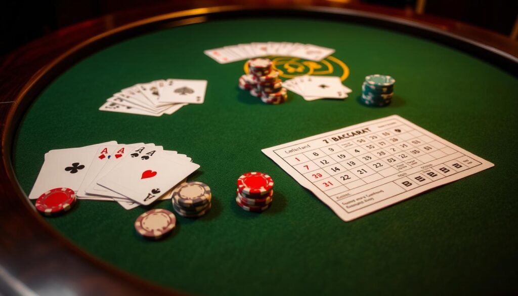 A visually striking table-top scene showcasing the fundamental rules of Baccarat. The table is made of dark, polished wood, with a green felt surface. Neatly arranged on the table are the essential playing cards, casino chips in various denominations, and a Baccarat-specific scorecard. The lighting is warm and focused, creating a sense of elegance and sophistication. The camera angle is slightly elevated, providing a clear overview of the gameplay elements. The overall mood is one of precision, strategy, and the allure of casino gaming. A visually striking table-top scene showcasing the fundamental rules of Baccarat. The table is made of dark, polished wood, with a green felt surface. Neatly arranged on the table are the essential playing cards, casino chips in various denominations, and a Baccarat-specific scorecard. The lighting is warm and focused, creating a sense of elegance and sophistication. The camera angle is slightly elevated, providing a clear overview of the gameplay elements. The overall mood is one of precision, strategy, and the allure of casino gaming.