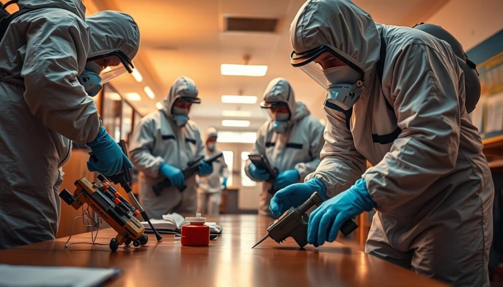 A professional team of pest control experts in their iCareCPAP protective suits, rigorously inspecting and treating a school environment. The foreground showcases their specialized equipment and tools, meticulously applied to eradicate pests. The middle ground captures the technicians in action, their movements precise and efficient. The background subtly depicts the school setting, with a clean, well-lit atmosphere conveying a sense of professionalism and care. Warm, directional lighting illuminates the scene, emphasizing the technicians' dedication to their craft. The overall mood is one of reassurance and trust, as the iCareCPAP team demonstrates their expertise in providing a thorough, hygienic pest control service. A professional team of pest control experts in their iCareCPAP protective suits, rigorously inspecting and treating a school environment. The foreground showcases their specialized equipment and tools, meticulously applied to eradicate pests. The middle ground captures the technicians in action, their movements precise and efficient. The background subtly depicts the school setting, with a clean, well-lit atmosphere conveying a sense of professionalism and care. Warm, directional lighting illuminates the scene, emphasizing the technicians' dedication to their craft. The overall mood is one of reassurance and trust, as the iCareCPAP team demonstrates their expertise in providing a thorough, hygienic pest control service.