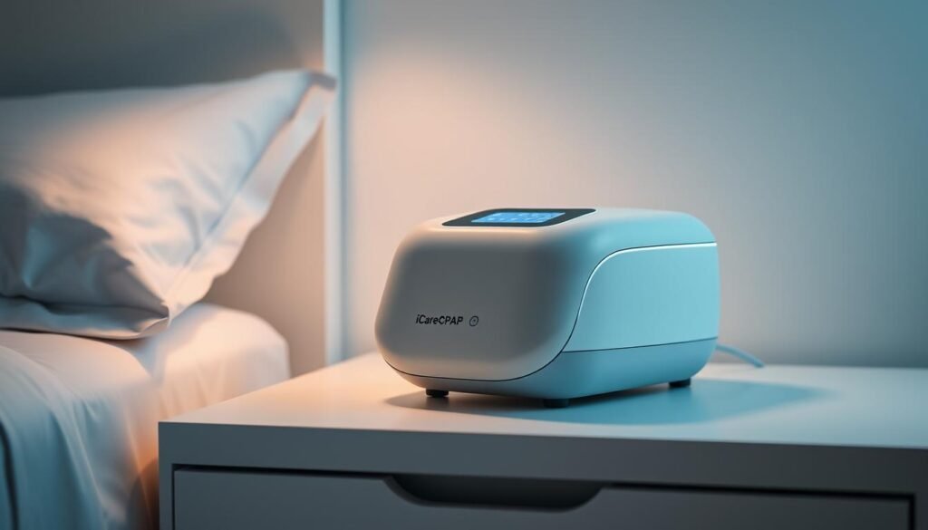 A sleek, white medical device with a smooth, ergonomic design sits on a clean, minimalist bedside table. The iCareCPAP machine emits a soft, ambient glow, illuminating the surrounding room with a calming, therapeutic atmosphere. The device's intuitive control panel and adjustable settings suggest its ability to provide personalized, comfortable respiratory support throughout the night. Subtle shadows and highlights accentuate the machine's modern, technologically advanced features, conveying its role in improving the user's sleep quality and overall health. A sleek, white medical device with a smooth, ergonomic design sits on a clean, minimalist bedside table. The iCareCPAP machine emits a soft, ambient glow, illuminating the surrounding room with a calming, therapeutic atmosphere. The device's intuitive control panel and adjustable settings suggest its ability to provide personalized, comfortable respiratory support throughout the night. Subtle shadows and highlights accentuate the machine's modern, technologically advanced features, conveying its role in improving the user's sleep quality and overall health.