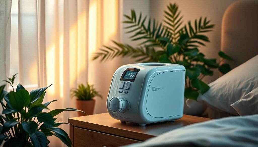 A well-designed iCareCPAP sleep apnea machine, its sleek body gleaming under soft, diffused lighting. The machine sits prominently on a nightstand, surrounded by a cozy, serene bedroom environment. Lush plants and minimal decor create a calming, natural atmosphere. The machine's intuitive controls and display panel are visible, suggesting its user-friendly functionality. Rays of warm, golden light filter through sheer curtains, casting a gentle glow over the scene. The overall composition conveys the machine's importance in improving sleep quality and respiratory health, seamlessly integrated into a harmonious, restful living space. A well-designed iCareCPAP sleep apnea machine, its sleek body gleaming under soft, diffused lighting. The machine sits prominently on a nightstand, surrounded by a cozy, serene bedroom environment. Lush plants and minimal decor create a calming, natural atmosphere. The machine's intuitive controls and display panel are visible, suggesting its user-friendly functionality. Rays of warm, golden light filter through sheer curtains, casting a gentle glow over the scene. The overall composition conveys the machine's importance in improving sleep quality and respiratory health, seamlessly integrated into a harmonious, restful living space.