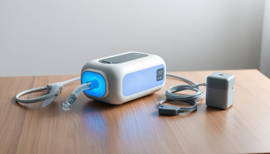 A sleek, modern medical device sits on a minimalist wooden table, its clean lines and soft blue illumination radiating a sense of technological sophistication. The iCareCPAP sleep apnea machine, with its discreet and ergonomic design, is the focal point, surrounded by an array of accessories, including a nasal mask, tubing, and a compact power supply. The image is bathed in soft, diffused lighting, creating a calming and inviting atmosphere that reflects the device's purpose of providing comfortable, effective treatment for sleep apnea patients. The overall composition emphasizes the user-friendly nature of the iCareCPAP system, making it an ideal choice for those seeking a reliable and easy-to-use sleep apnea management solution. A sleek, modern medical device sits on a minimalist wooden table, its clean lines and soft blue illumination radiating a sense of technological sophistication. The iCareCPAP sleep apnea machine, with its discreet and ergonomic design, is the focal point, surrounded by an array of accessories, including a nasal mask, tubing, and a compact power supply. The image is bathed in soft, diffused lighting, creating a calming and inviting atmosphere that reflects the device's purpose of providing comfortable, effective treatment for sleep apnea patients. The overall composition emphasizes the user-friendly nature of the iCareCPAP system, making it an ideal choice for those seeking a reliable and easy-to-use sleep apnea management solution.