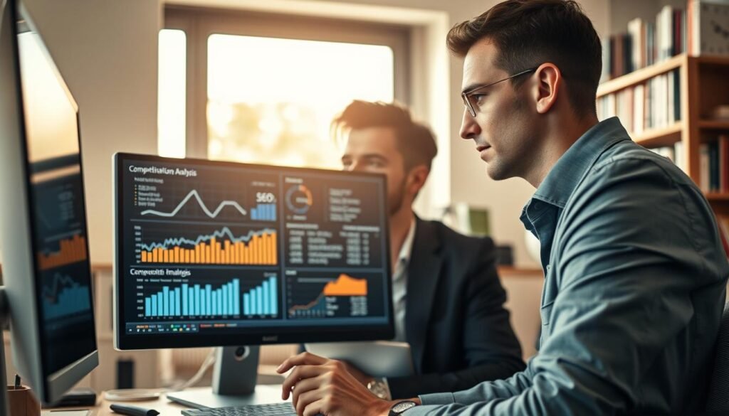 A professional workspace featuring a computer screen displaying graphs and analytics related to competitive analysis and SEO keyword rankings. In the foreground, a focused businessperson, dressed in smart casual attire, is analyzing data with a thoughtful expression. The middle layer includes a large digital display showing SEO performance metrics, keyword rankings, and competitive analysis charts. In the background, bookshelves filled with marketing and SEO literature are softly lit by natural light coming in from a window, creating a warm and productive atmosphere. The overall mood is one of concentration and strategy, emphasizing the importance of data-driven decision-making in improving SEO performance. The composition is balanced, with a clear depth of field focusing on the businessperson and the screen. A professional workspace featuring a computer screen displaying graphs and analytics related to competitive analysis and SEO keyword rankings. In the foreground, a focused businessperson, dressed in smart casual attire, is analyzing data with a thoughtful expression. The middle layer includes a large digital display showing SEO performance metrics, keyword rankings, and competitive analysis charts. In the background, bookshelves filled with marketing and SEO literature are softly lit by natural light coming in from a window, creating a warm and productive atmosphere. The overall mood is one of concentration and strategy, emphasizing the importance of data-driven decision-making in improving SEO performance. The composition is balanced, with a clear depth of field focusing on the businessperson and the screen.