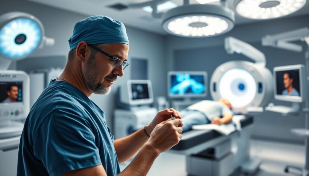 A modern operating room setting featuring advanced micro-invasive femtosecond laser technology used for SMILE (Small Incision Lenticule Extraction) eye surgery. In the foreground, a highly focused surgeon in professional scrubs is operating the laser machine, with a confident expression showing expertise and care. The middle ground showcases a patient reclining comfortably on an operating table, with calming blue and white tones emanating from the medical equipment, emphasizing a sterile and serene environment. The background is softly blurry, hinting at additional medical instruments and monitors, illuminated by soft, bright overhead lights, creating an atmosphere of professionalism and advanced medical technology. The overall mood is reassuring and empowering, highlighting innovation in reducing post-operative dry eye syndrome.