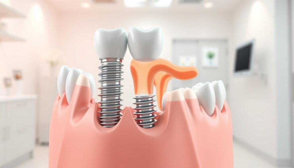 A detailed and informative dental illustration showcasing a dental implant procedure focused on preventing the tilting of adjacent teeth and the atrophy of alveolar bone. In the foreground, depict a realistic 3D model of a dental implant positioned accurately in a human jaw, surrounded by healthy surrounding teeth. In the middle ground, illustrate the alveolar bone with a clear distinction between healthy and atrophied bone areas. The background should feature a soft, clinical environment resembling a modern dental office, with gentle lighting to create an inviting atmosphere. Capture the angle from a slight elevation, ensuring the dental implant’s intricate design is prominent while maintaining a clean and professional aesthetic. The overall mood should feel optimistic and educational, emphasizing advancements in dental technology.